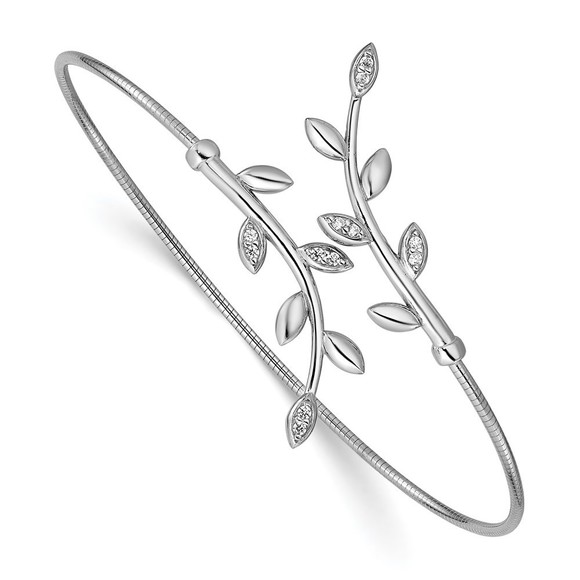 925 Sterling Silver RH-platedCZ Leaf Bypass Flexible Cuff Bangle Bracelet